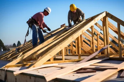 Construction Workers Installing Wooden Roof Trusses