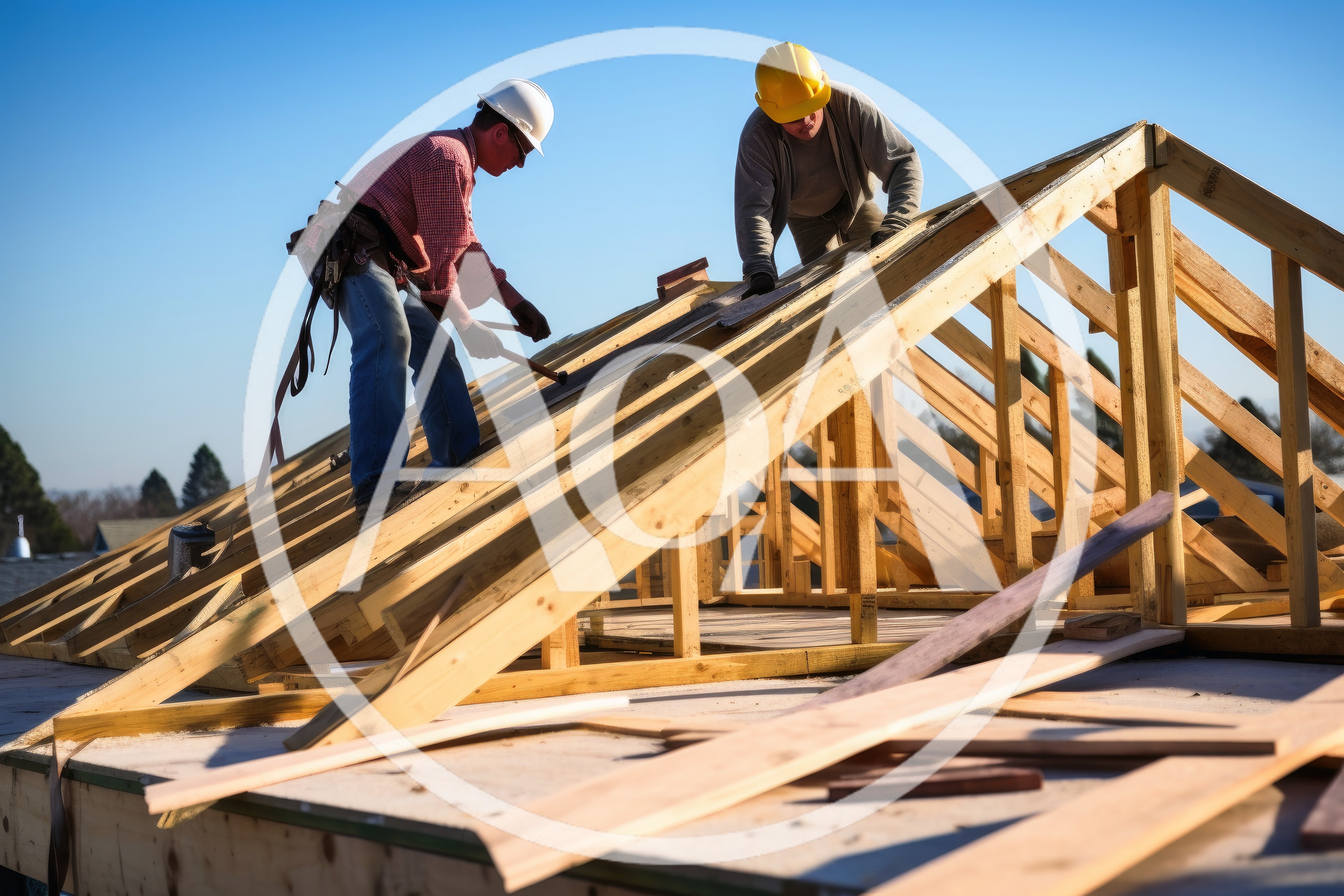Construction Workers Installing Wooden Roof Trusses
