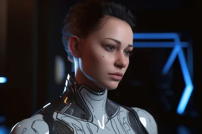 Portrait Of A Futuristic Female Cyborg In Cyberpunk Setting