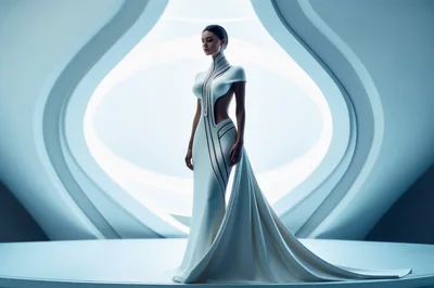 Futuristic Woman In Elegant White Architectural Gown