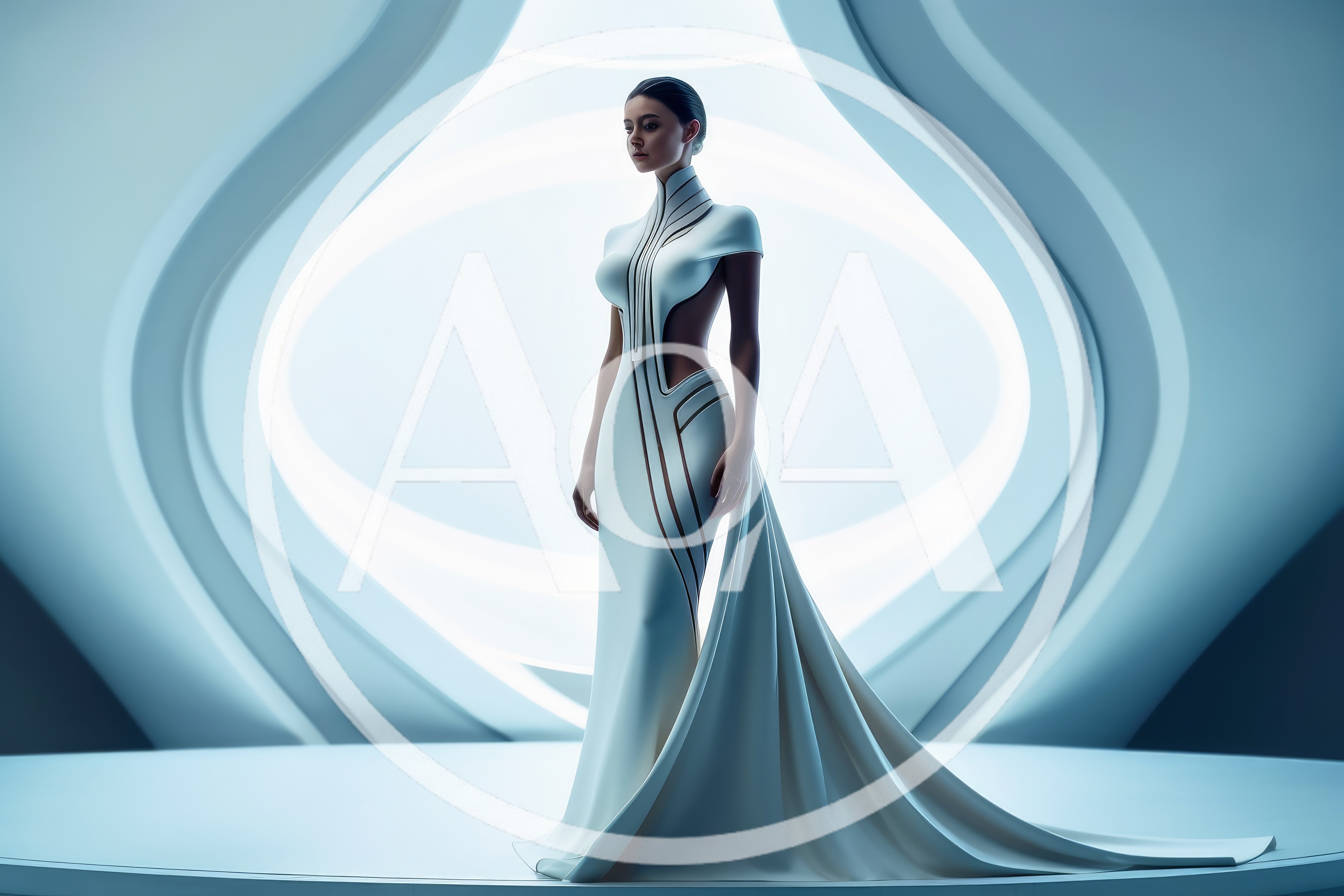 Futuristic Woman In Elegant White Architectural Gown