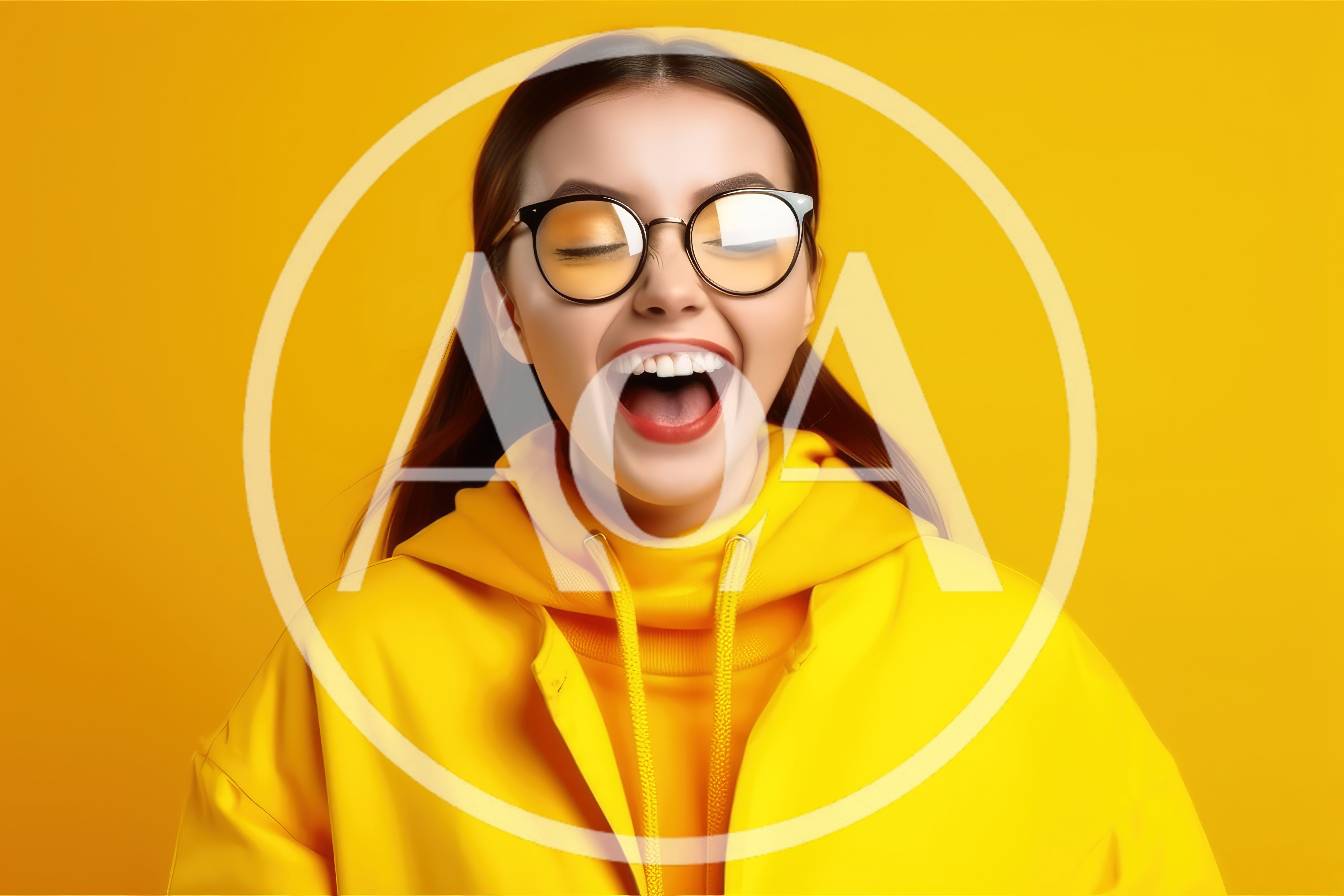 Young Woman Laughing With Eyes Closed Wearing Yellow Hoodie