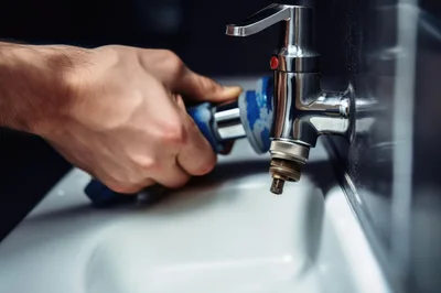 Plumber Repairing A Chrome Bathroom Faucet