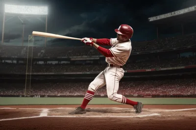Professional Baseball Player Swinging Bat at Night Stadium