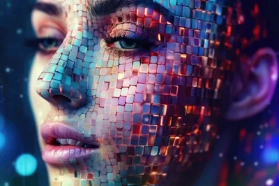 Digital Human Face Covered In Reflective Mosaic Tiles