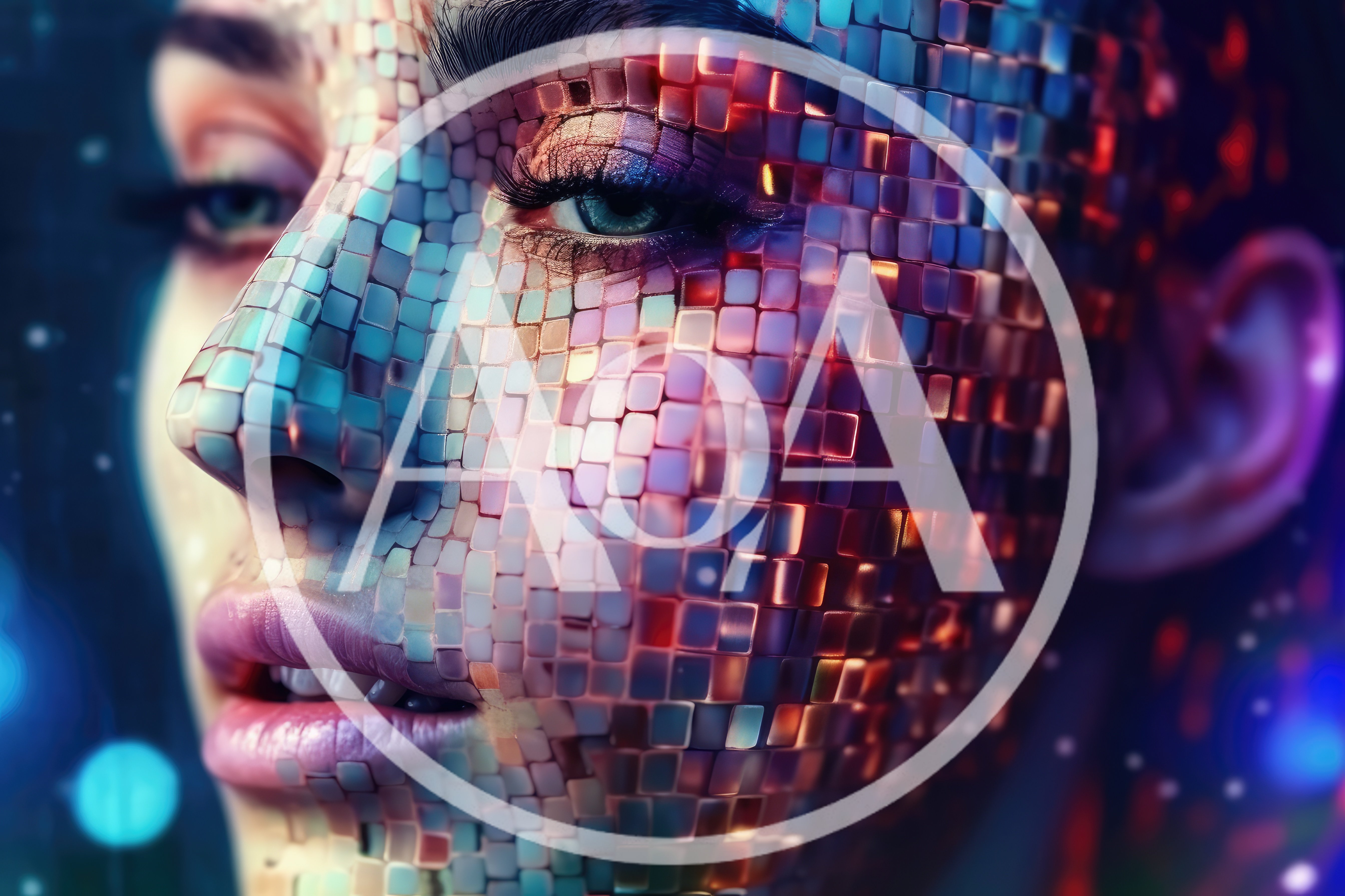Digital Human Face Covered In Reflective Mosaic Tiles