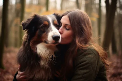 Woman Kissing Her Australian Shepherd Dog In Forest