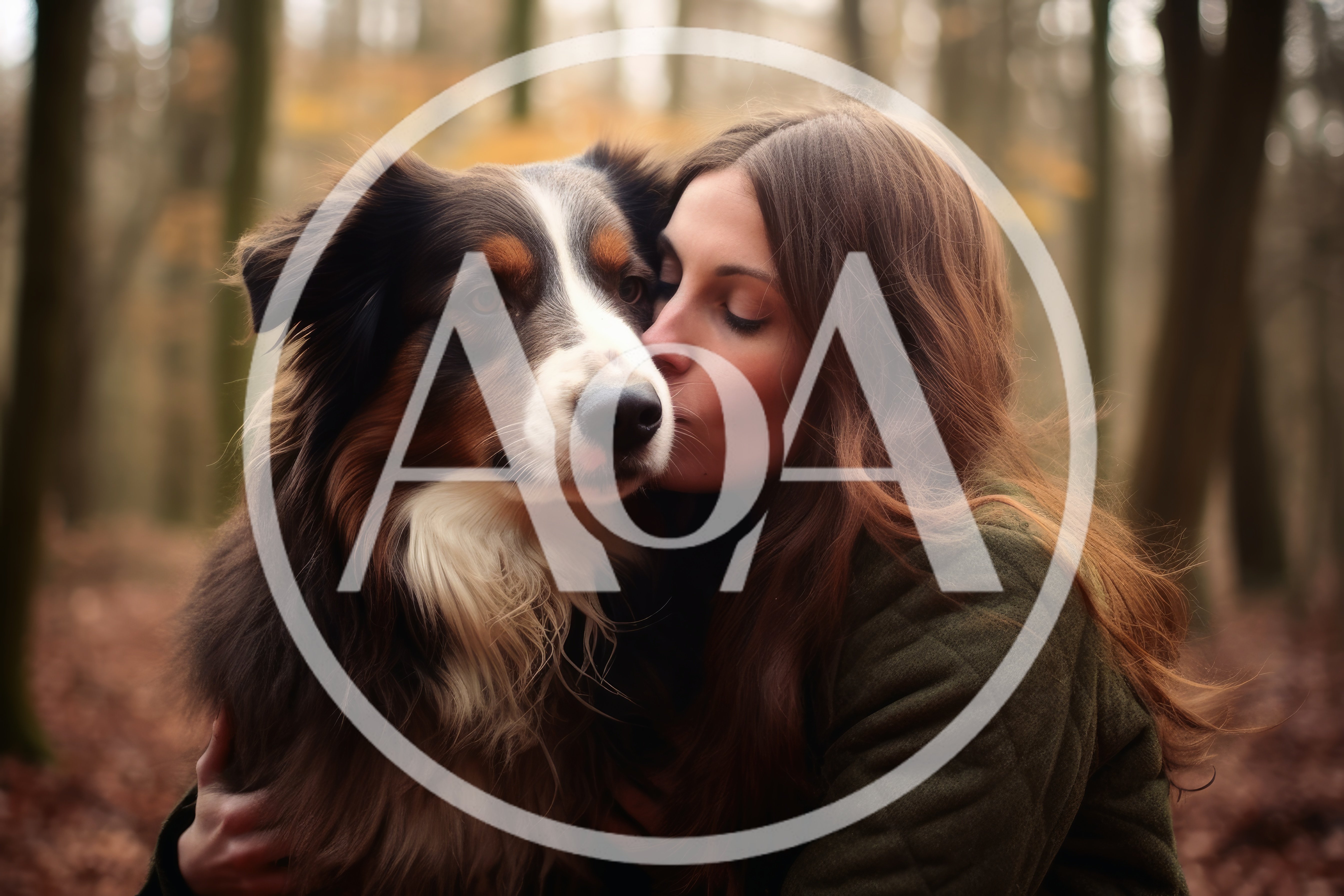 Woman Kissing Her Australian Shepherd Dog In Forest