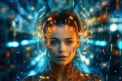 Futuristic Cyborg Woman With Glowing Cybernetic Headpiece