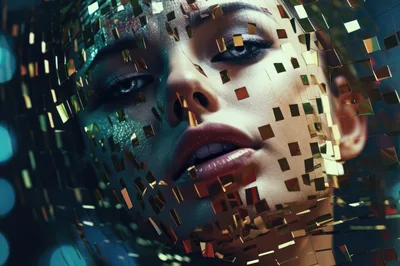Digital Portrait Of A Woman With Geometric Gold Fragments