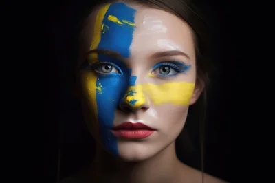 Portrait Of A Woman With Swedish Flag Face Paint