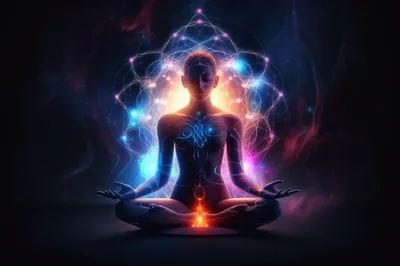 Meditating Human Figure With Glowing Energy Chakras