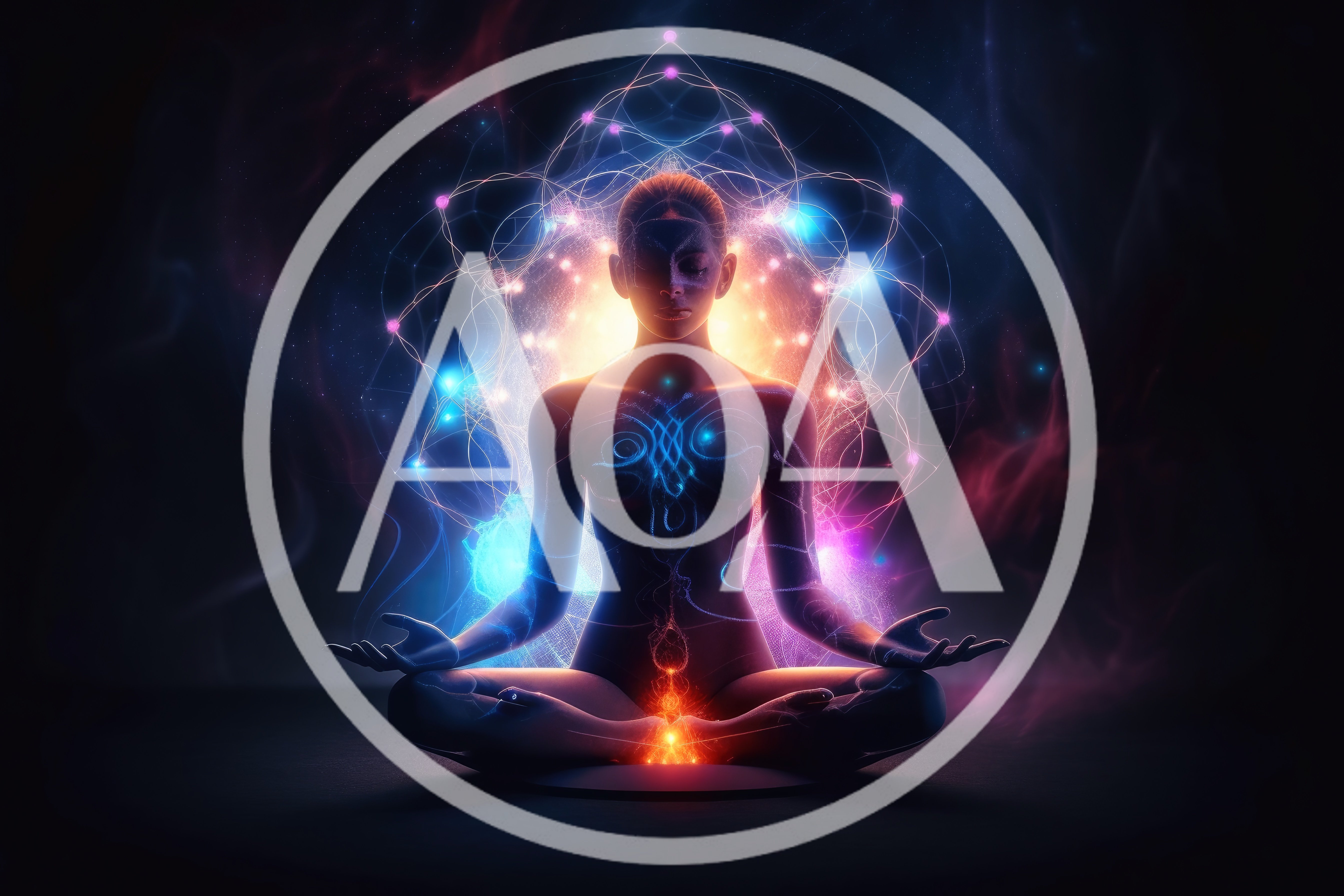 Meditating Human Figure With Glowing Energy Chakras