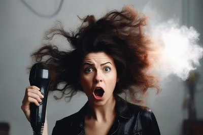 Shocked Woman With Exploding Hair And Hairdryer