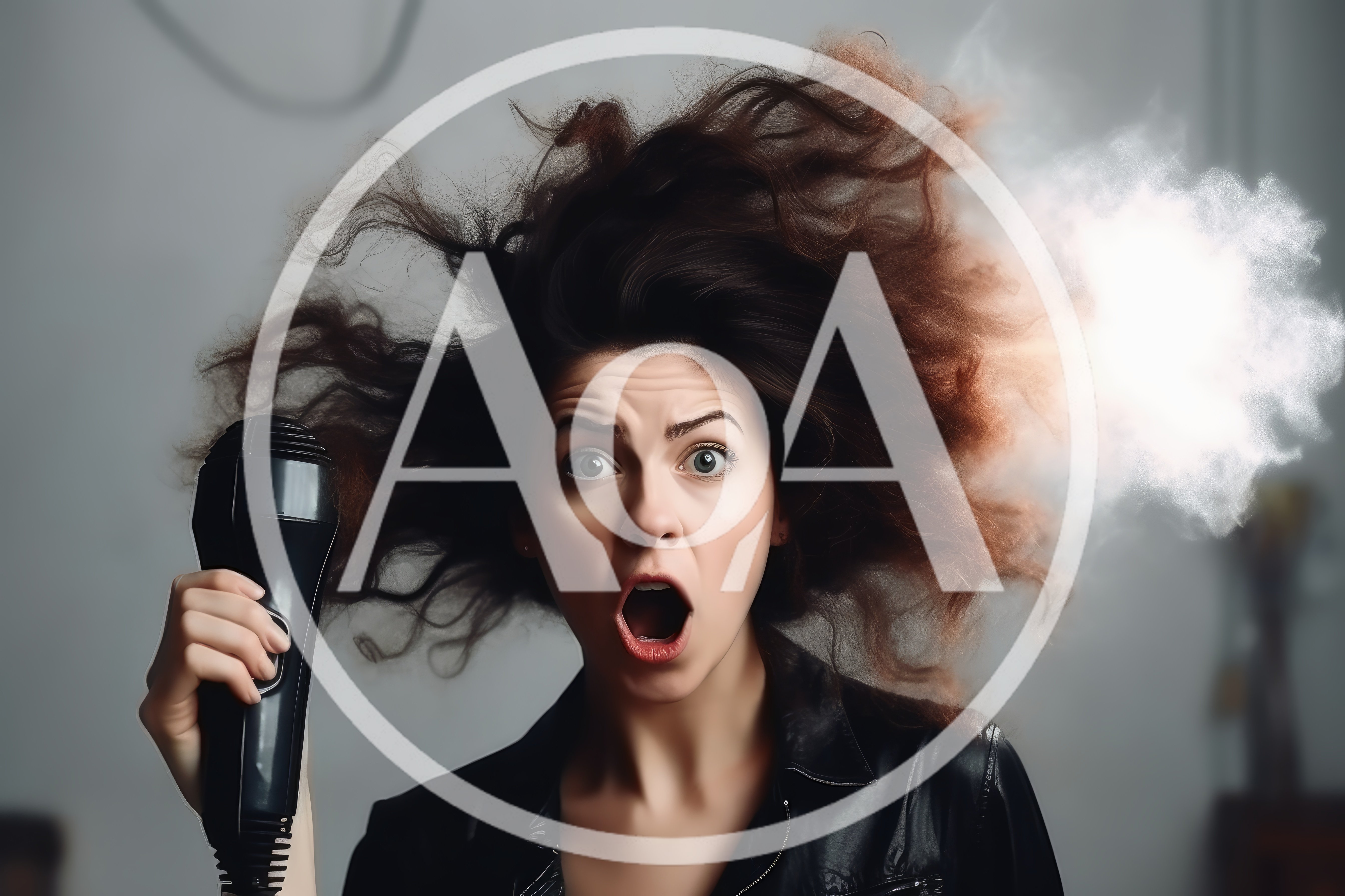 Shocked Woman With Exploding Hair And Hairdryer