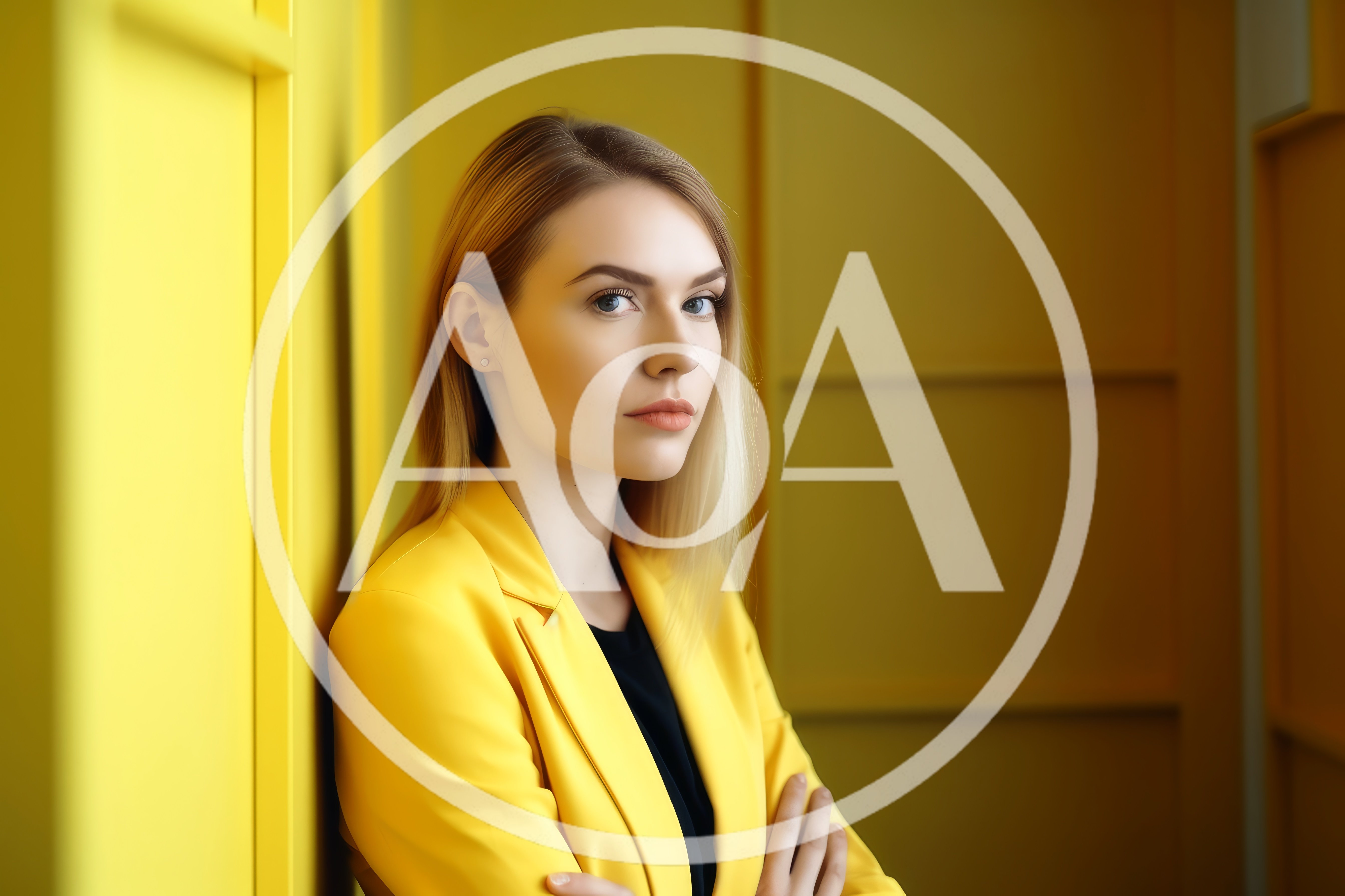 Professional Woman In Yellow Blazer Leaning Against Wall