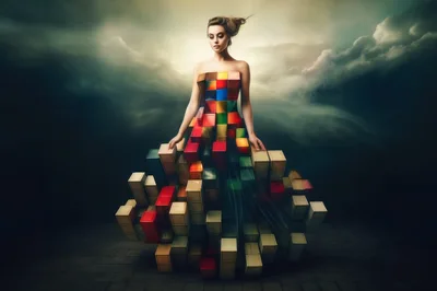 Woman Wearing A Surreal Geometric Cube Dress