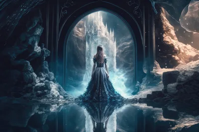 Woman Standing Before A Magical Ice Castle Portal