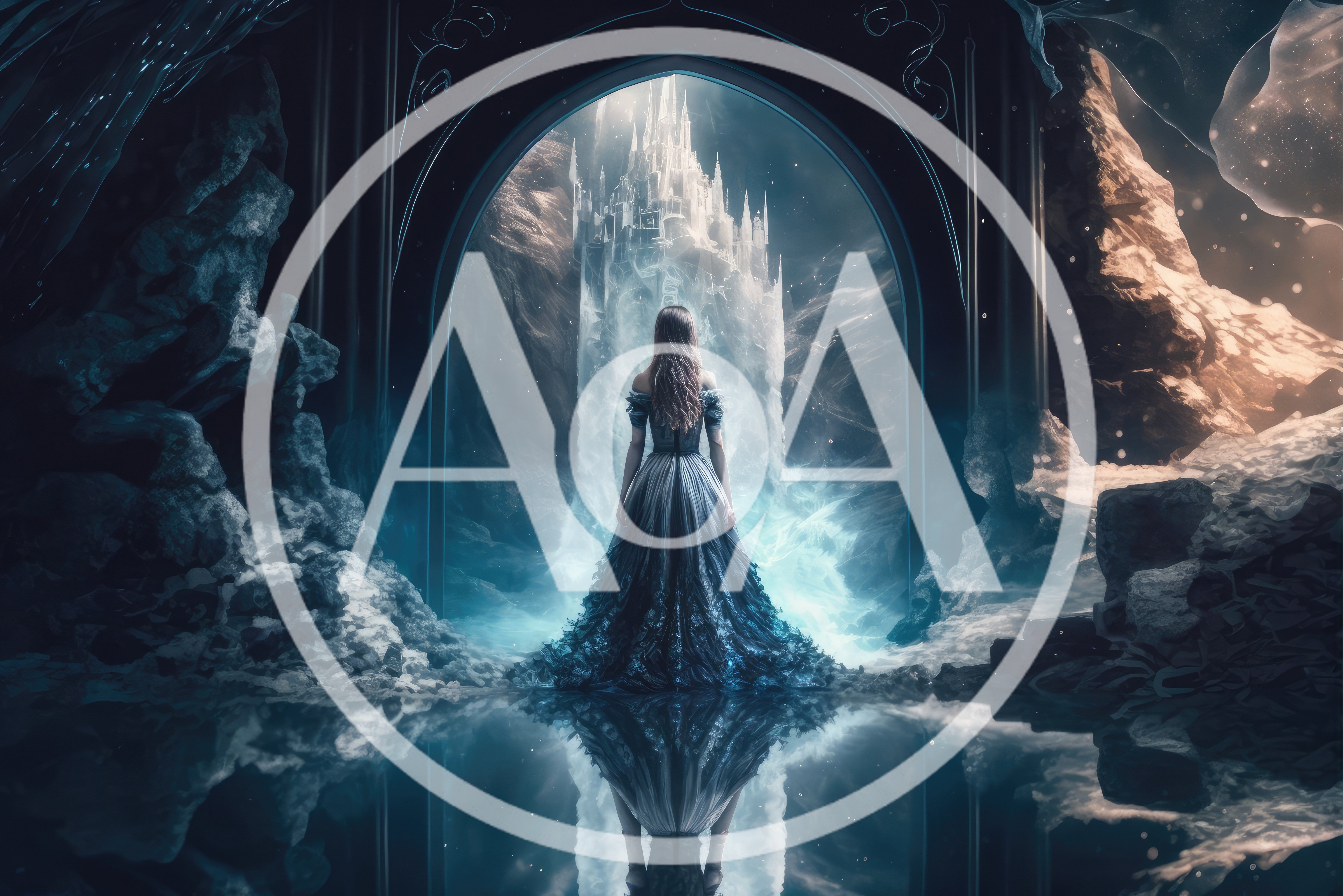 Woman Standing Before A Magical Ice Castle Portal