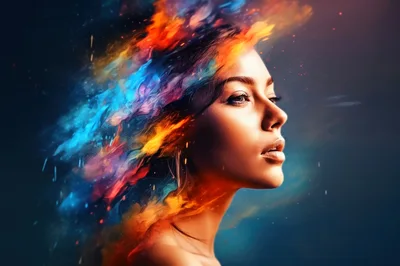 Portrait Of A Woman With Abstract Colorful Smoke Hair