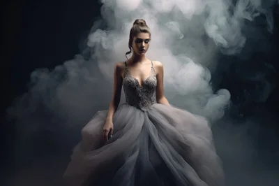 Elegant Woman In Grey Ballgown Surrounded By Thick Smoke