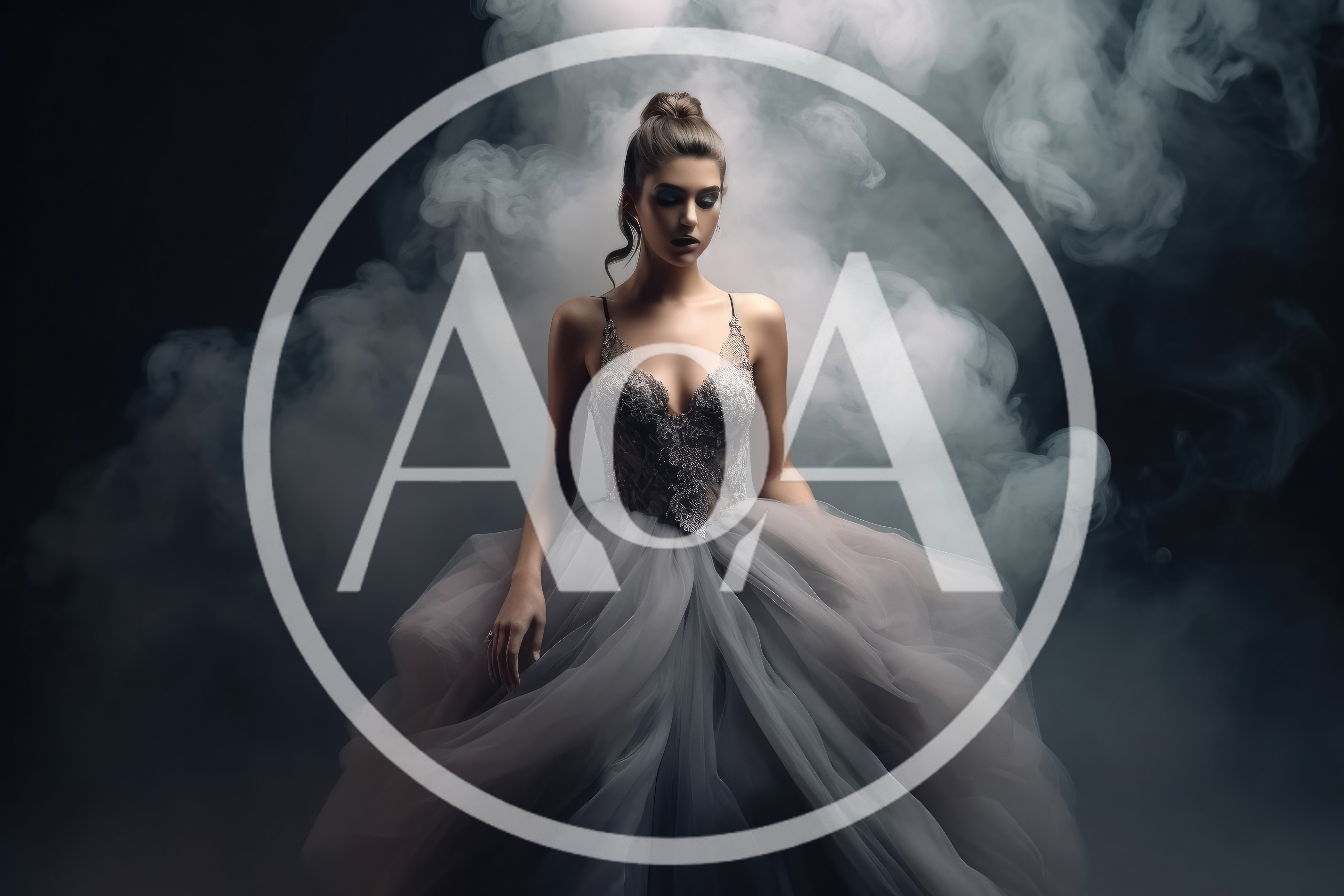 Elegant Woman In Grey Ballgown Surrounded By Thick Smoke