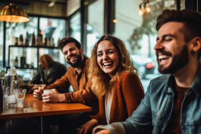 Friends Laughing Together At A Cafe Table