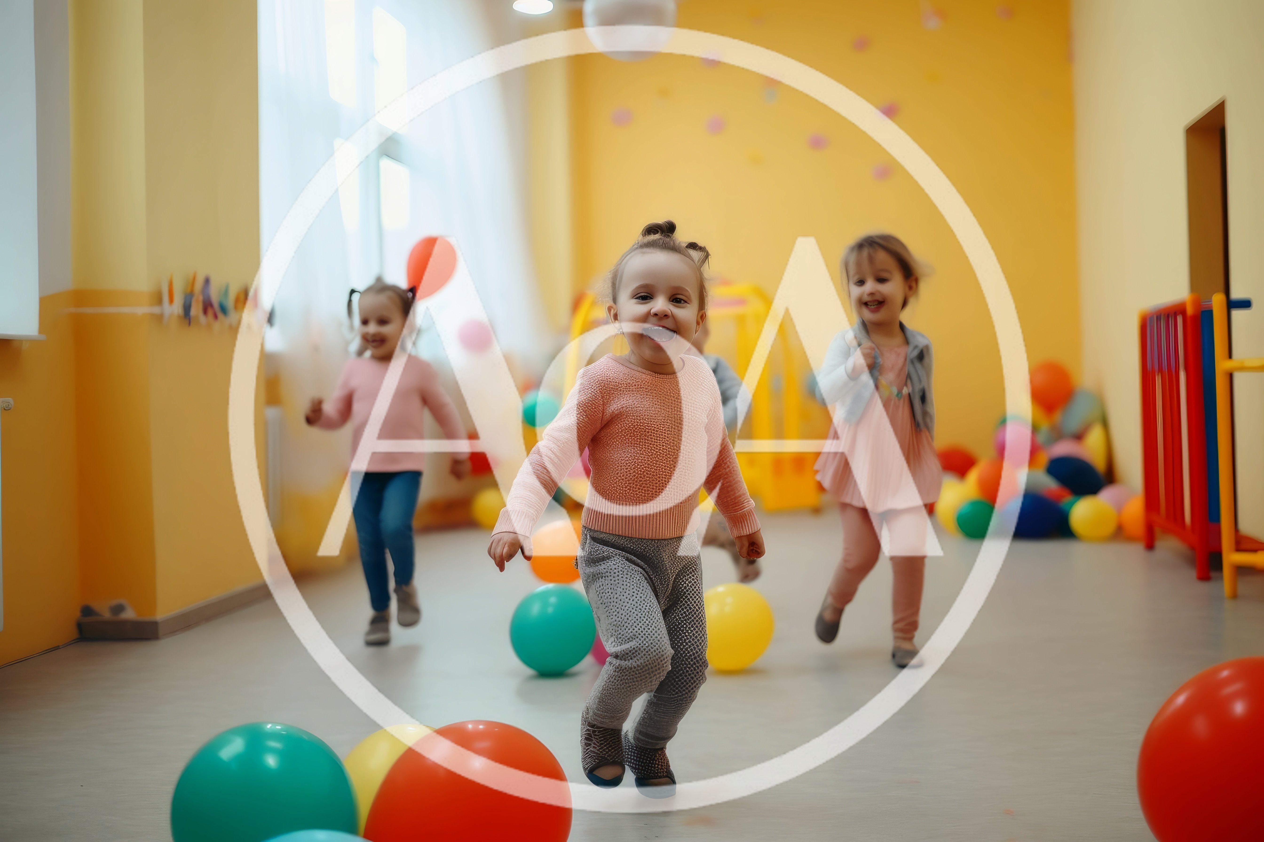Happy Toddlers Playing With Balloons In A Preschool Classroom