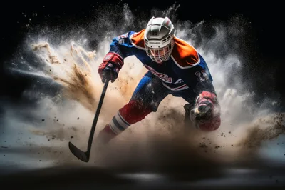 Ice Hockey Player Skating Through Explosive Snow Spray
