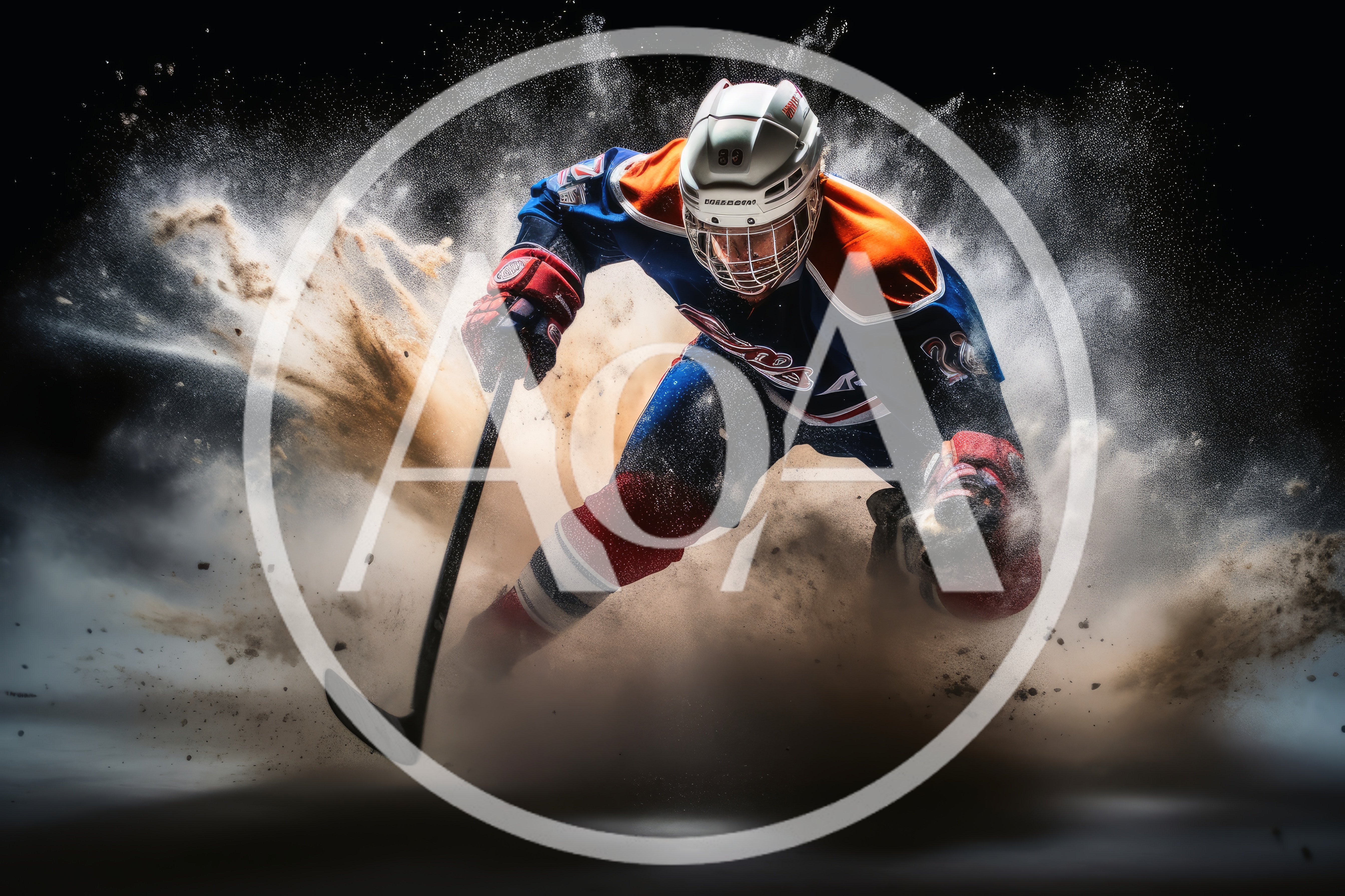 Ice Hockey Player Skating Through Explosive Snow Spray