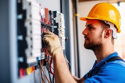 Electrician Working on Industrial Electrical Control Panel