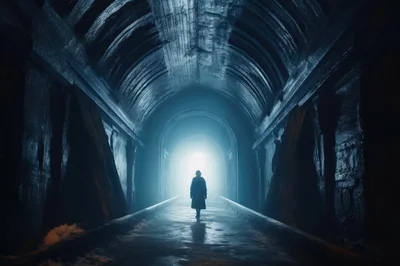 Lone Person Walking Through A Dark Industrial Tunnel