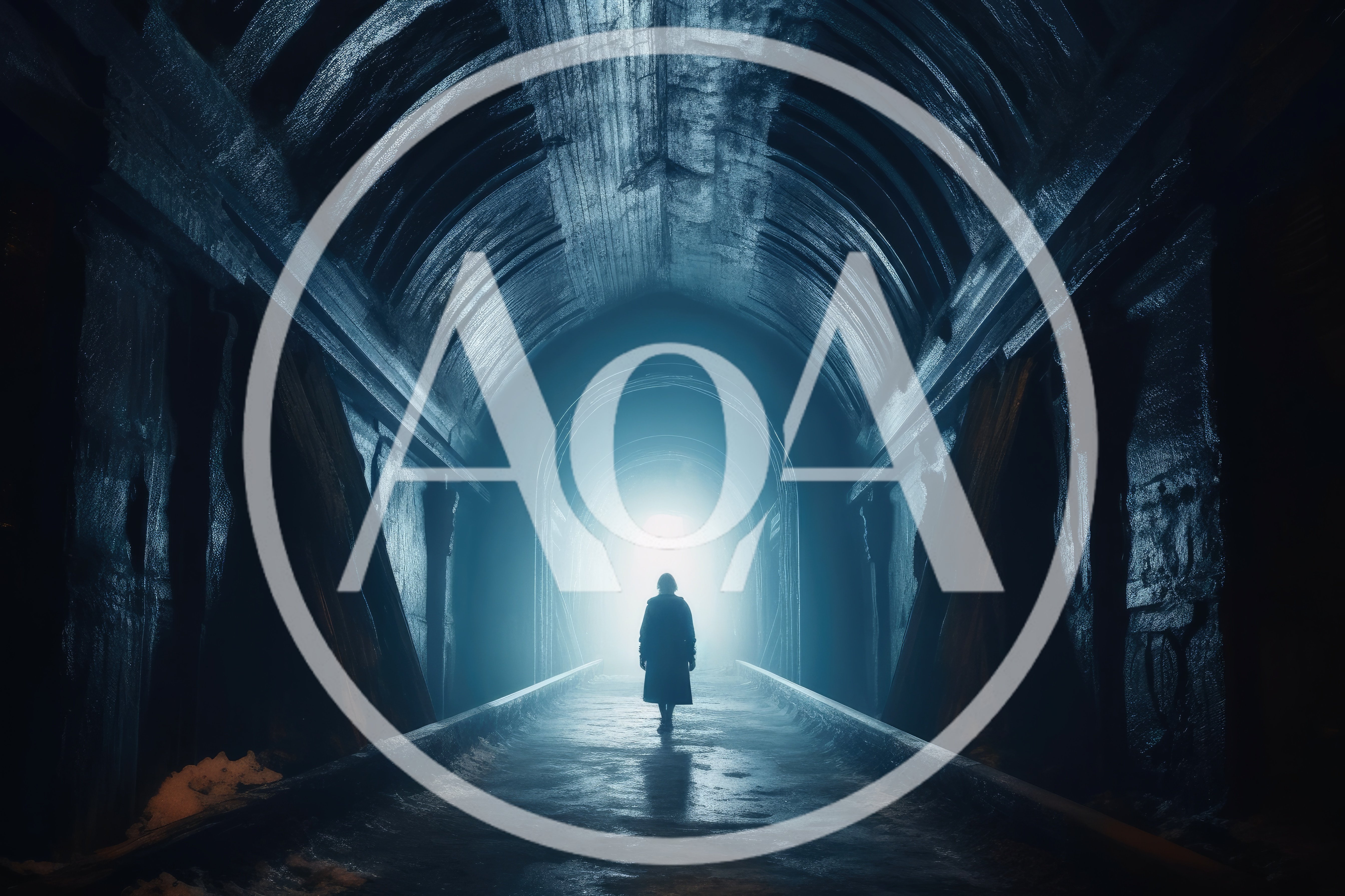 Lone Person Walking Through A Dark Industrial Tunnel