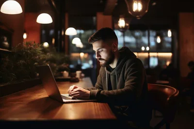 Young Man Working On Laptop In Dimly Lit Cafe