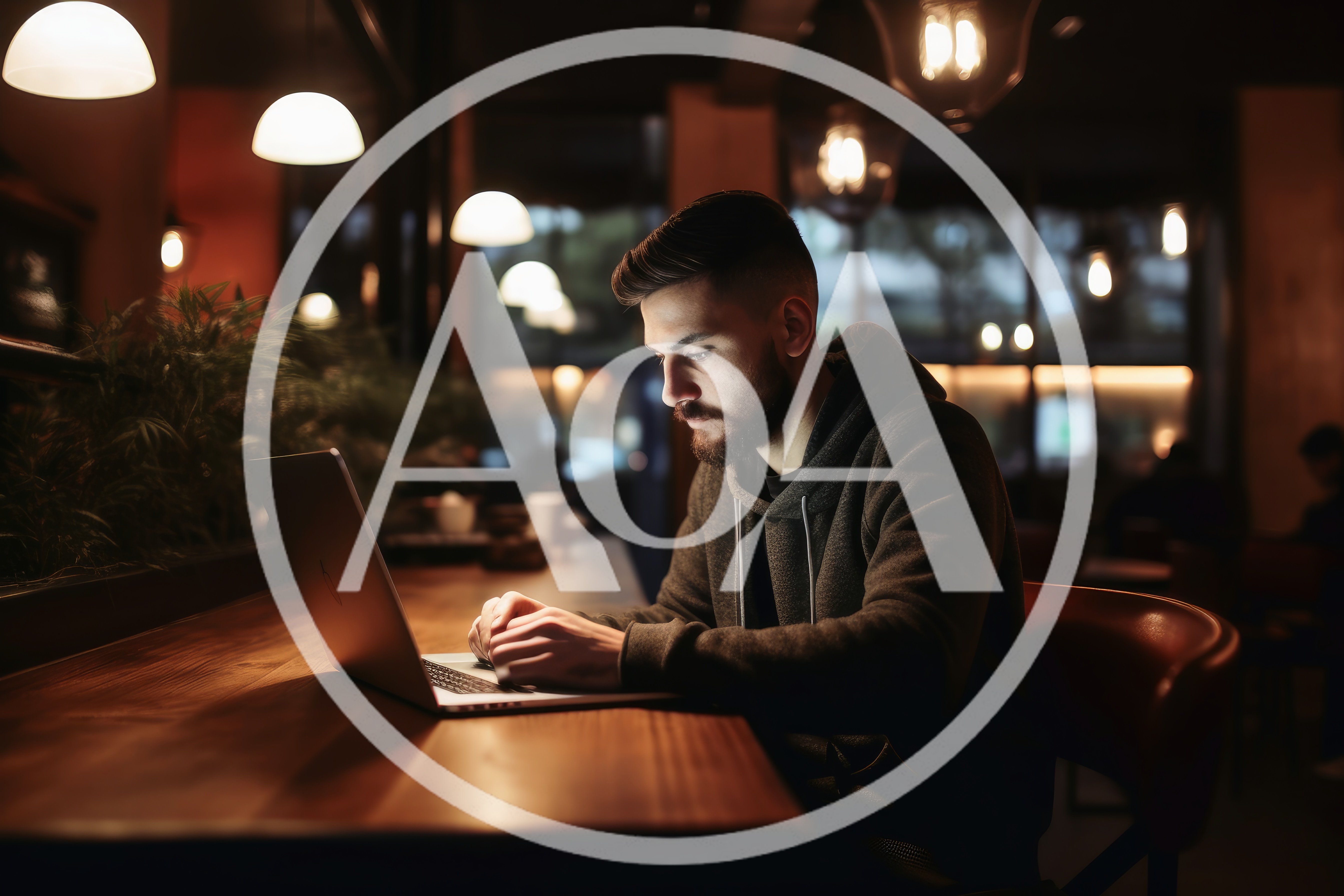 Young Man Working On Laptop In Dimly Lit Cafe