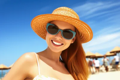 Smiling Woman Wearing Straw Hat and Sunglasses at Beach