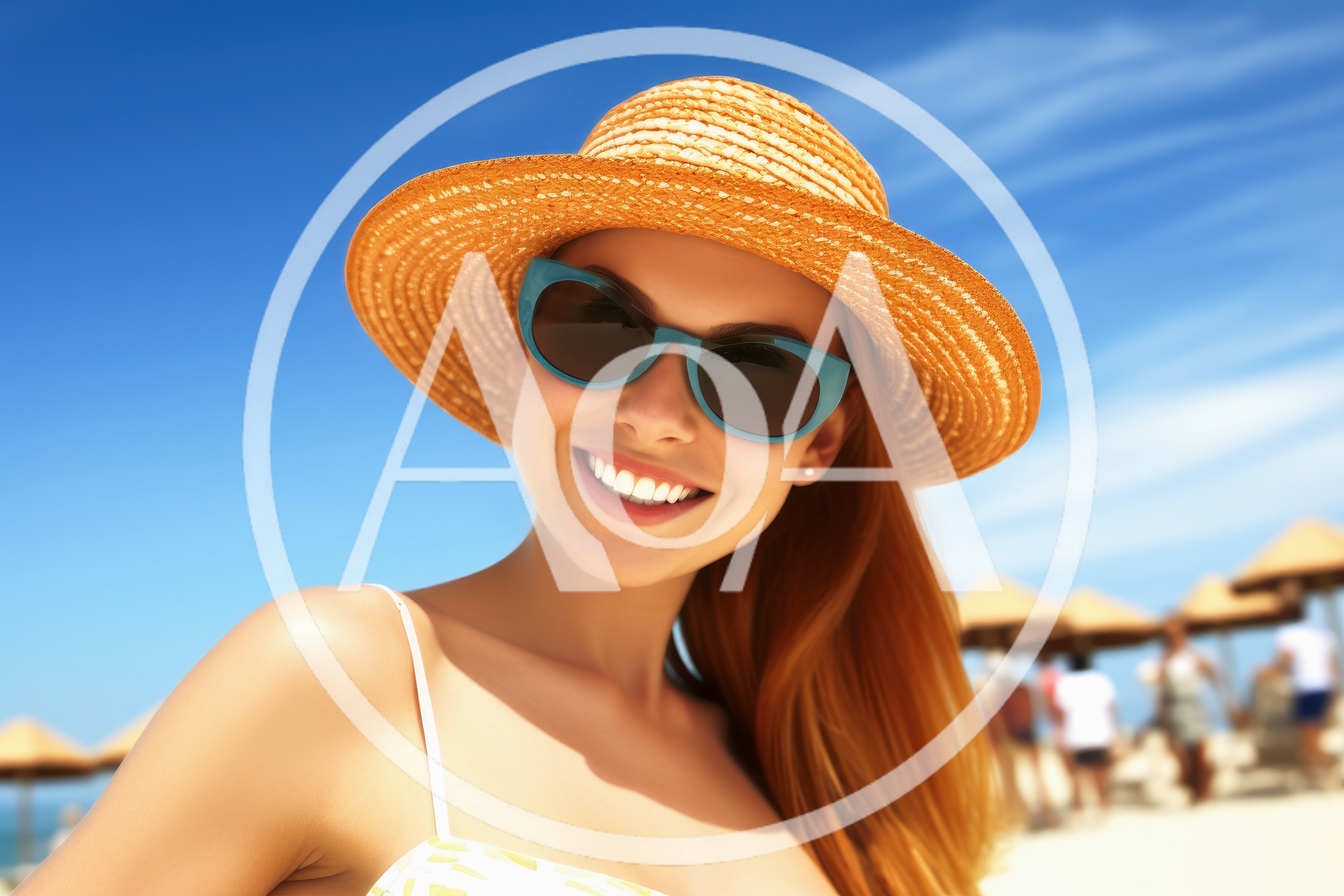Smiling Woman Wearing Straw Hat and Sunglasses at Beach