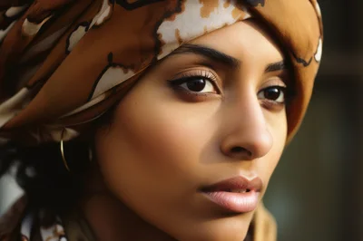 Close Up Portrait Of A Beautiful Woman Wearing Headscarf