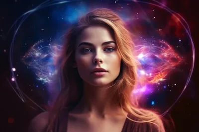 Portrait Of A Woman With Cosmic Nebula Background