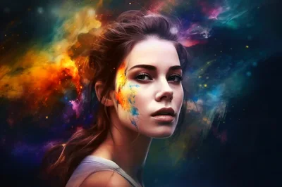 Portrait Of A Woman With Cosmic Paint Effects