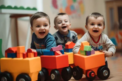 Three Toddlers Playing With Colorful Toy Trains