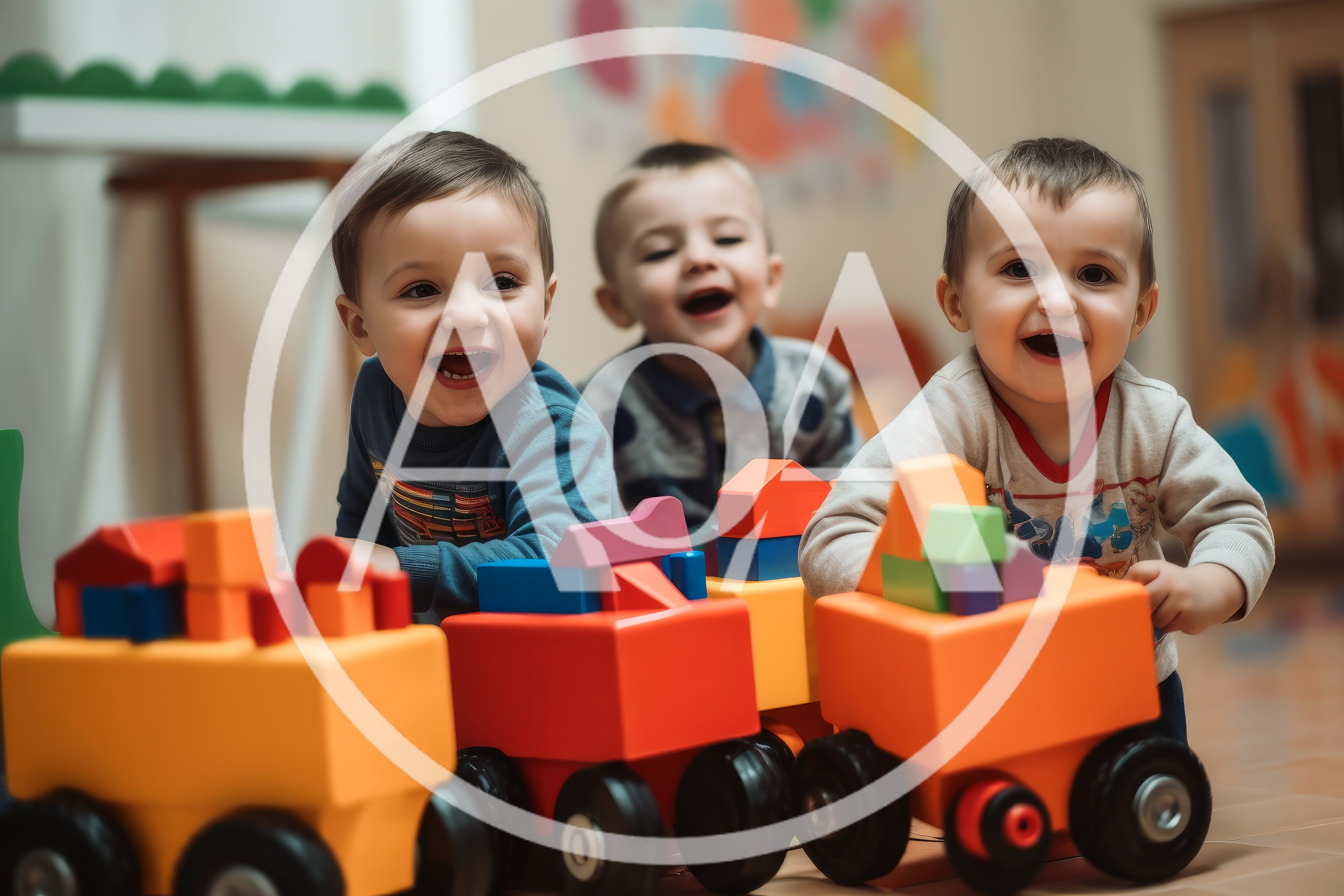 Three Toddlers Playing With Colorful Toy Trains
