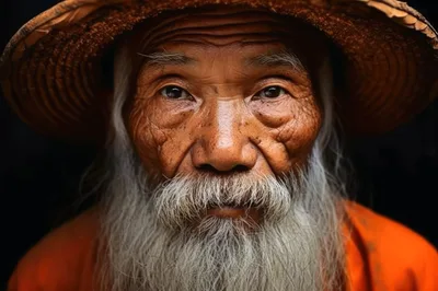 Portrait Of An Elderly Asian Monk With A Long Beard