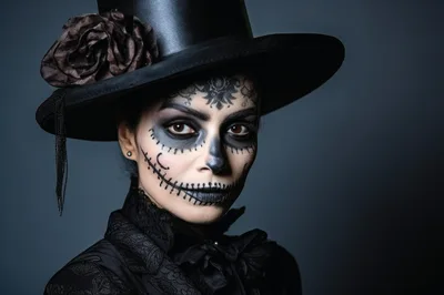 Woman Wearing Day Of The Dead Makeup And Hat