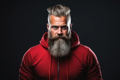 Portrait Of A Bearded Man In A Red Hoodie
