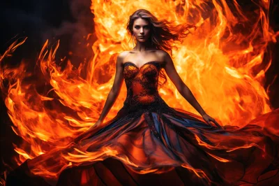 Woman In Fire Gown Standing Before Blazing Flames