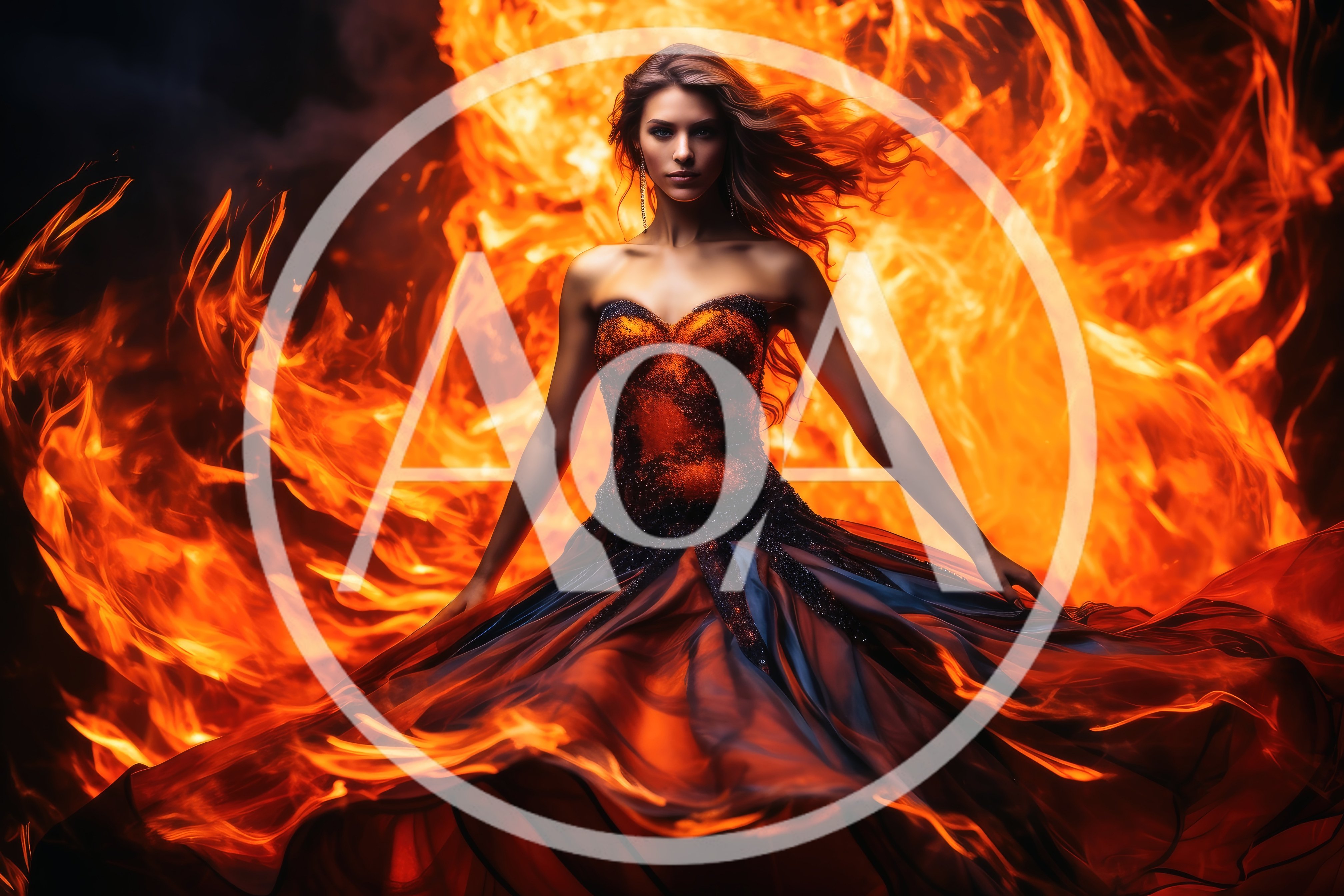 Woman In Fire Gown Standing Before Blazing Flames