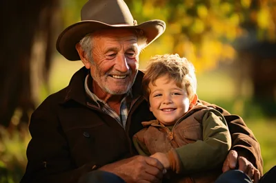 Elderly Farmer Embracing His Young Grandson Outdoors
