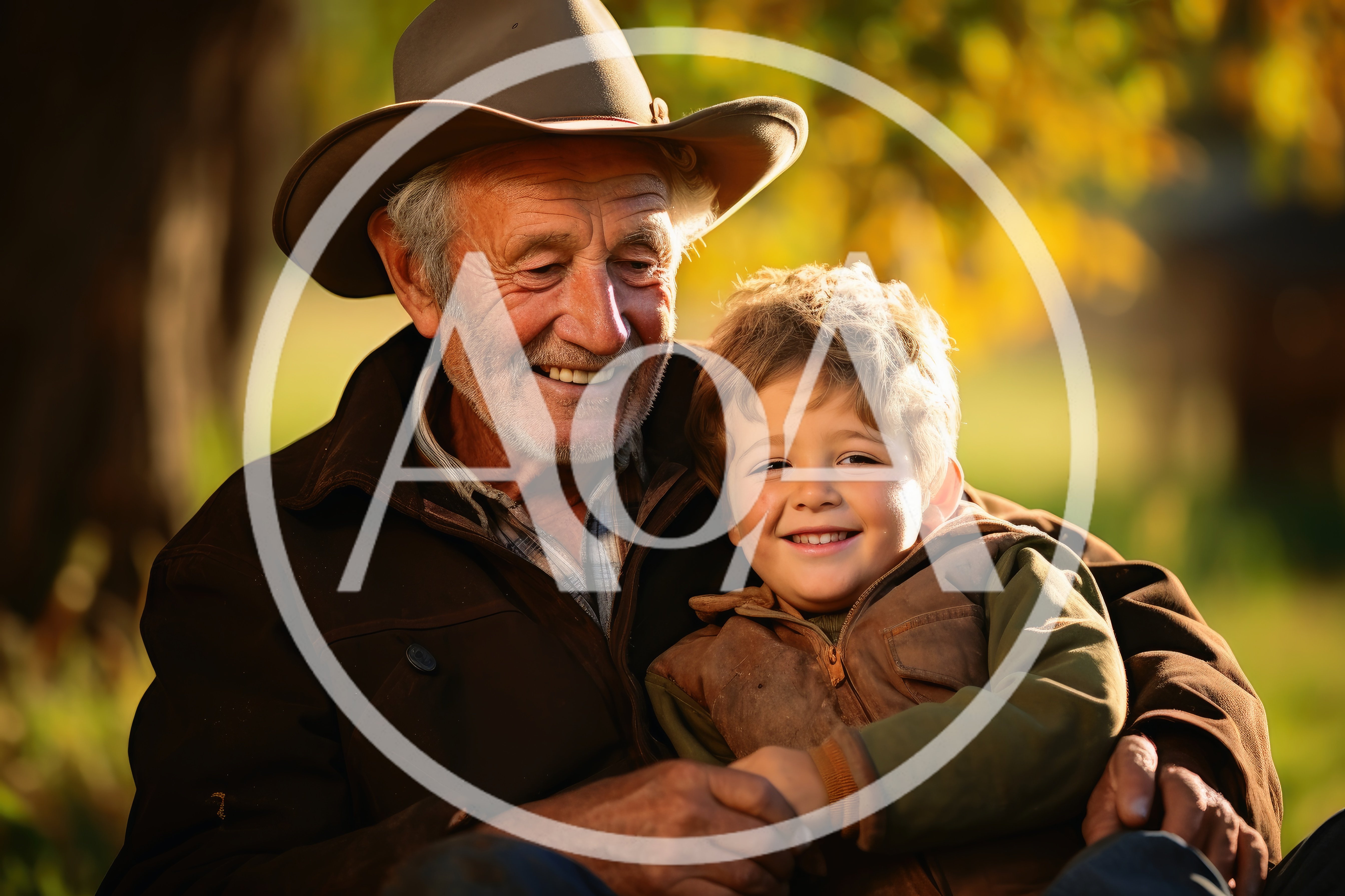 Elderly Farmer Embracing His Young Grandson Outdoors