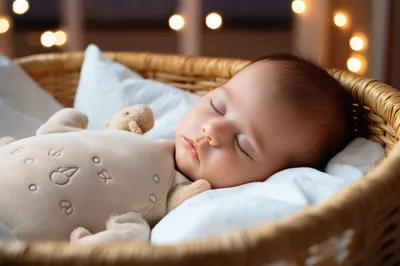 Newborn Baby Sleeping Peacefully In A Wicker Basket